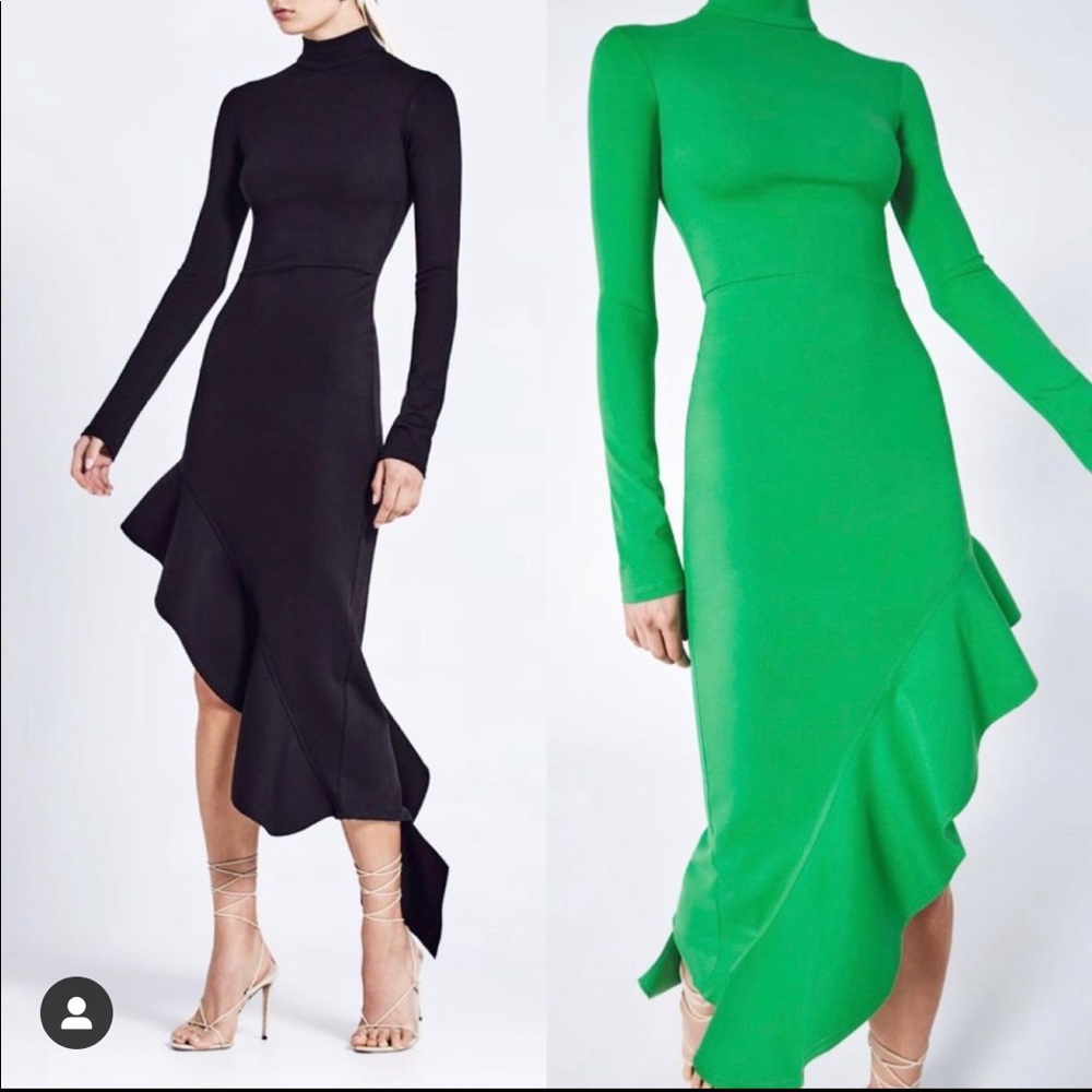 Alexis. GREEN, long sleeves with asymmetrical skirt.